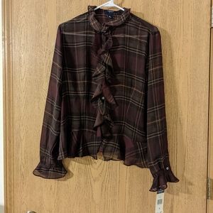 Dark academia XL plaid sheer frilly blouse